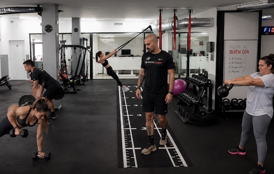 João acompaña una sesión con ejercicios de fuerza, kettlebell y suspensión